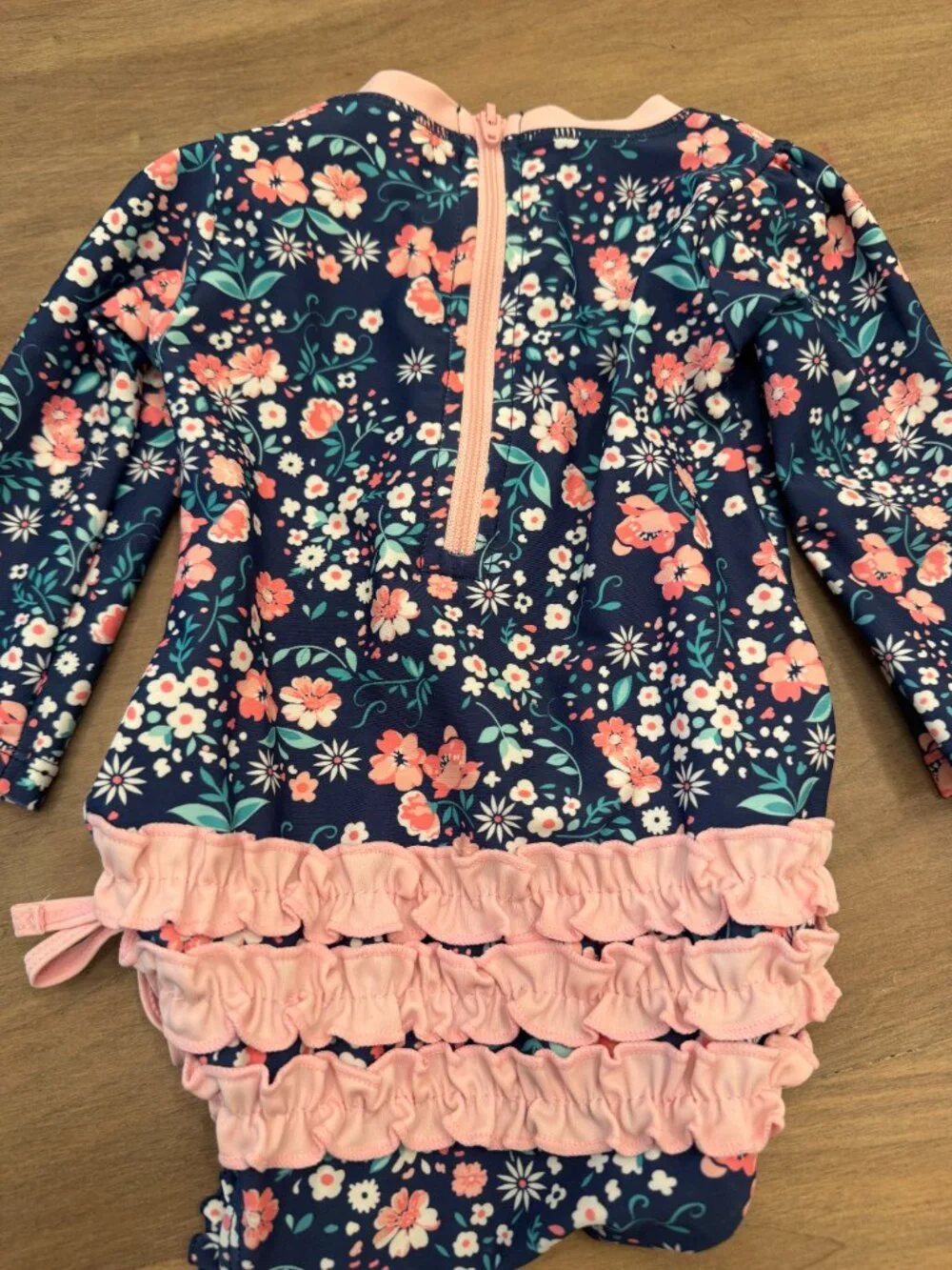RuffleButts Navy Floral Long-Sleeve Rash Guard Swimsuit